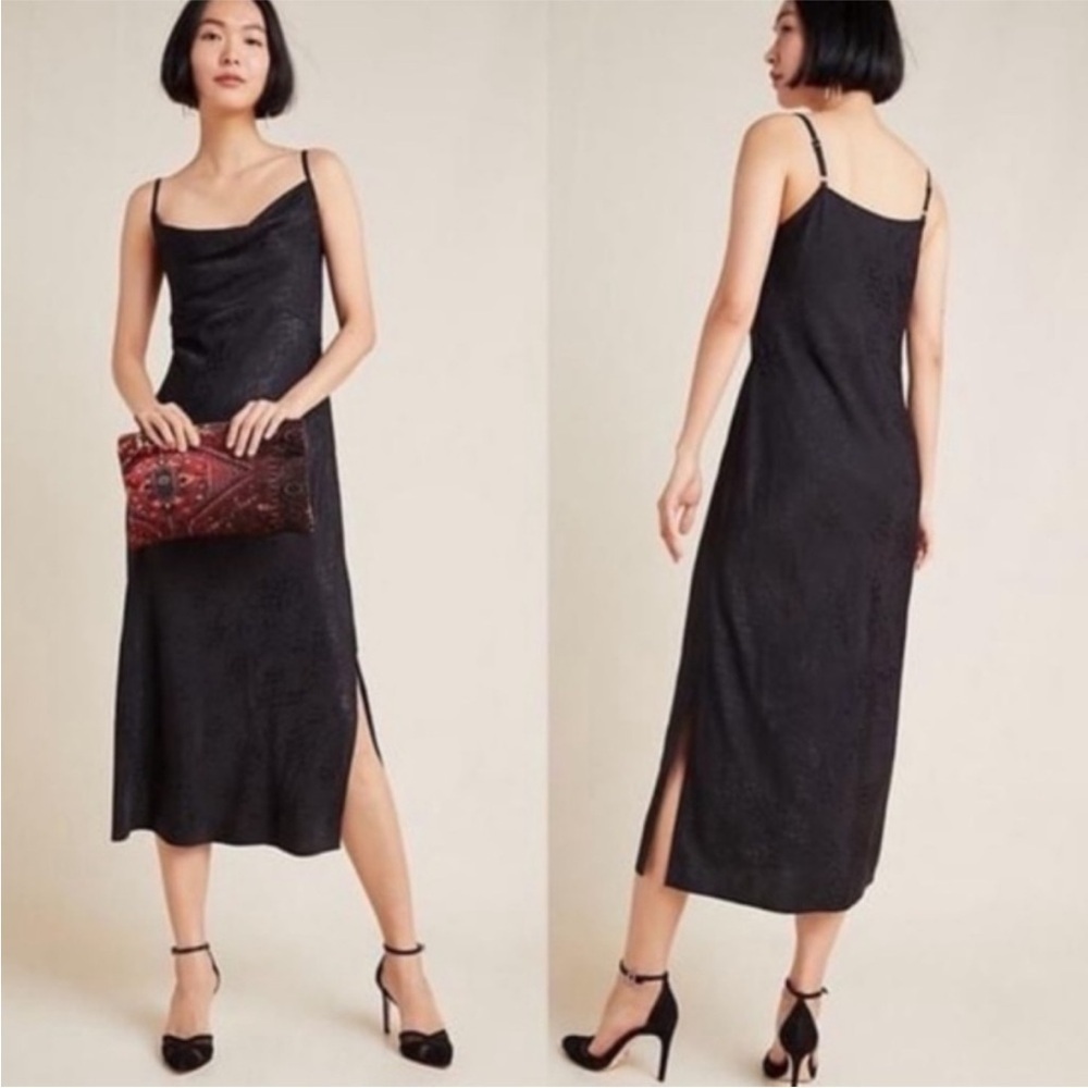 Anthropologie Amelie Cowl Neck Slip Midi Dress Jacquard Satin Black Size 6